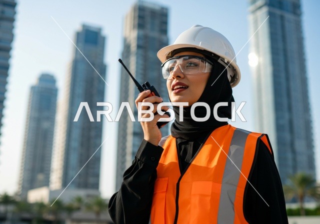 إعطاء أوامر خاصة بالعمل، صورة مقربة لمهندسة معمارية عربية سعودية خليجية تحمل بيدها جهاز الإرسال والإستقبال اللاسلكي ، مهندسة انشاءات محجبة ترتدي بدلة السلامة في العمل ، خوذة العمل ، لباس رسمي للعمل ، مشروع بناء