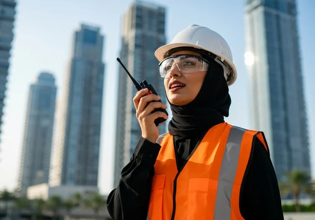 إعطاء أوامر خاصة بالعمل، صورة مقربة لمهندسة معمارية عربية سعودية خليجية تحمل بيدها جهاز الإرسال والإستقبال اللاسلكي ، مهندسة انشاءات محجبة ترتدي بدلة السلامة في العمل ، خوذة العمل ، لباس رسمي للعمل ، مشروع بناء