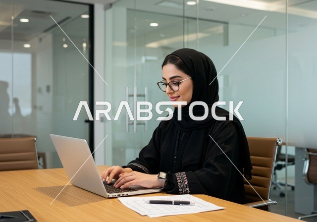 مهنة ووظيفة نسائية، إمرأة عربية خليجية سعودية محجبة ترتدي عباءة سوداء تجلس خلف الطاولة، سيدة سعودية تستخدم الحاسوب في المكتب، استخدام جهاز تقني حديث ومتطور، ايماءات التركيز والاندماج، ادارة الأعمال وانجاز المهام المطلوبة