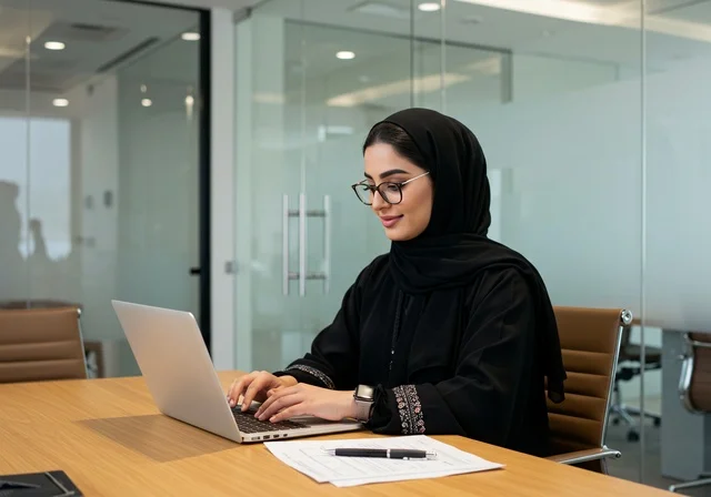 مهنة ووظيفة نسائية، إمرأة عربية خليجية سعودية محجبة ترتدي عباءة سوداء تجلس خلف الطاولة، سيدة سعودية تستخدم الحاسوب في المكتب، استخدام جهاز تقني حديث ومتطور، ايماءات التركيز والاندماج، ادارة الأعمال وانجاز المهام المطلوبة