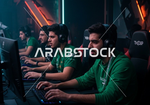 الاندماج والتفاعل مع اللعبة، منصة البث المباشر، غرفة بلايستيشين احترافية، الاستمتاع بالتقنيات والتكنولوجيا الحديثة، شباب عرب خليجيون سعوديون يرتدون سماعة الرأس و يلعبون بألعاب الفيديو، المتعة و التسلية باللعب الجماعي، برامج الكمبيوتر الترفيهية، تشجيع الفريق المفضل