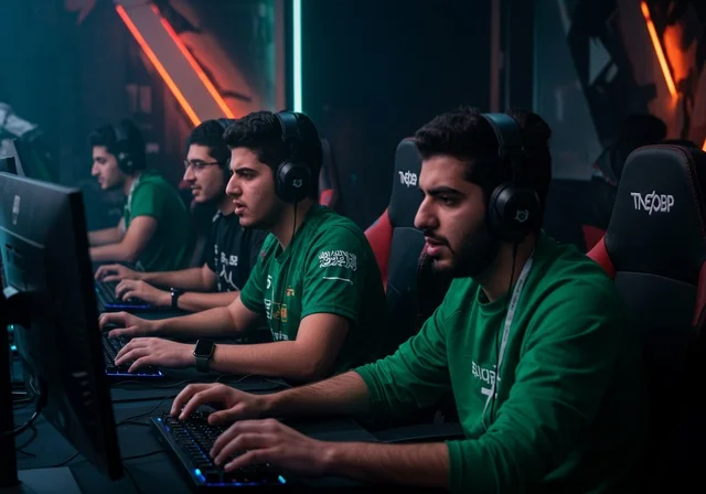 الاندماج والتفاعل مع اللعبة، منصة البث المباشر، غرفة بلايستيشين احترافية، الاستمتاع بالتقنيات والتكنولوجيا الحديثة، شباب عرب خليجيون سعوديون يرتدون سماعة الرأس و يلعبون بألعاب الفيديو، المتعة و التسلية باللعب الجماعي، برامج الكمبيوتر الترفيهية، تشجيع الفريق المفضل