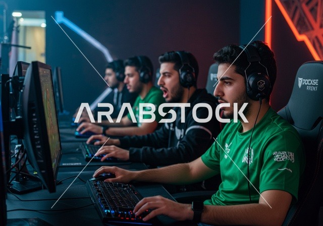 الاندماج والتفاعل مع اللعبة، منصة البث المباشر، غرفة بلايستيشين احترافية، الاستمتاع بالتقنيات والتكنولوجيا الحديثة، شباب عرب خليجيون سعوديون يرتدون سماعة الرأس و يلعبون بألعاب الفيديو، المتعة و التسلية باللعب الجماعي، برامج الكمبيوتر الترفيهية، تشجيع الفريق المفضل