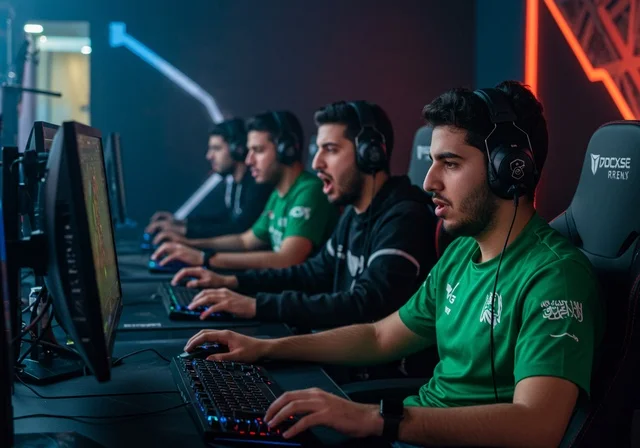 Integration and interaction with the game, live streaming platform, professional PlayStation room, enjoying modern technologies and techniques, young Arab Gulf Saudis wearing headsets and playing video games, fun and entertainment in multiplayer gaming, entertainment computer programs, supporting the favorite team.