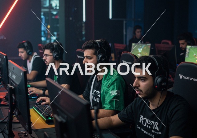 الاندماج والتفاعل مع اللعبة، منصة البث المباشر، غرفة بلايستيشين احترافية، الاستمتاع بالتقنيات والتكنولوجيا الحديثة، شباب عرب خليجيون سعوديون يرتدون سماعة الرأس و يلعبون بألعاب الفيديو، المتعة و التسلية باللعب الجماعي، برامج الكمبيوتر الترفيهية، تشجيع الفريق المفضل