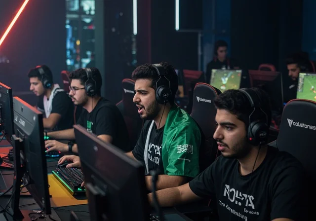 Integration and interaction with the game, live streaming platform, professional PlayStation room, enjoying modern technologies and techniques, young Arab Gulf Saudis wearing headsets and playing video games, fun and entertainment in multiplayer gaming, entertainment computer programs, supporting the favorite team.