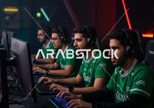 الاندماج والتفاعل مع اللعبة، منصة البث المباشر، غرفة بلايستيشين احترافية، الاستمتاع بالتقنيات والتكنولوجيا الحديثة، شباب عرب خليجيون سعوديون يرتدون سماعة الرأس و يلعبون بألعاب الفيديو، المتعة و التسلية باللعب الجماعي، برامج الكمبيوتر الترفيهية، تشجيع الفريق المفضل