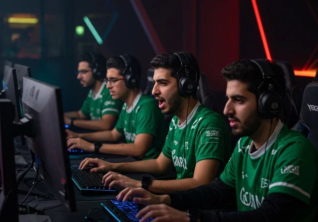 الاندماج والتفاعل مع اللعبة، منصة البث المباشر، غرفة بلايستيشين احترافية، الاستمتاع بالتقنيات والتكنولوجيا الحديثة، شباب عرب خليجيون سعوديون يرتدون سماعة الرأس و يلعبون بألعاب الفيديو، المتعة و التسلية باللعب الجماعي، برامج الكمبيوتر الترفيهية، تشجيع الفريق المفضل