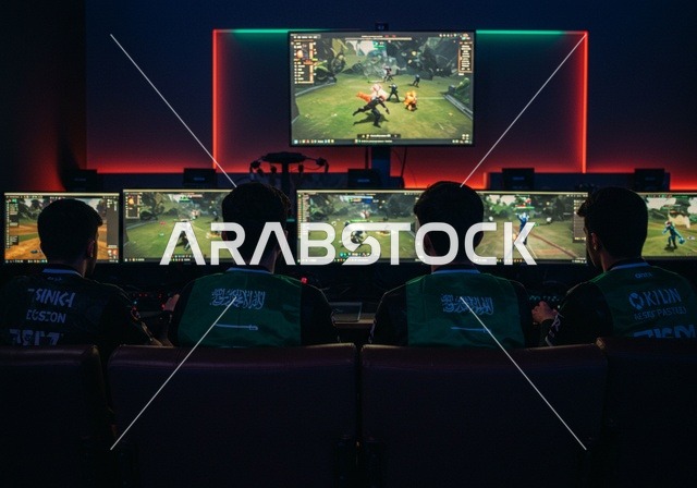 الاندماج والتفاعل مع اللعبة، منصة البث المباشر، غرفة بلايستيشين احترافية، الاستمتاع بالتقنيات والتكنولوجيا الحديثة، شباب عرب خليجيون سعوديون يرتدون سماعة الرأس و يلعبون بألعاب الفيديو، المتعة و التسلية باللعب الجماعي، برامج الكمبيوتر الترفيهية، تشجيع الفريق المفضل