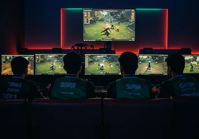 Integration and interaction with the game, live streaming platform, professional PlayStation room, enjoying modern technologies and techniques, young Arab Gulf Saudis wearing headsets and playing video games, fun and entertainment in multiplayer gaming, entertainment computer programs, supporting the favorite team.