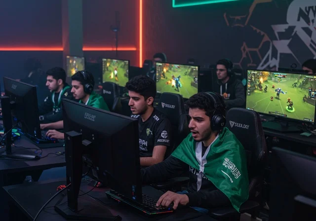 Integration and interaction with the game, live streaming platform, professional PlayStation room, enjoying modern technologies and techniques, young Arab Gulf Saudis wearing headsets and playing video games, fun and entertainment in multiplayer gaming, entertainment computer programs, supporting the favorite team.