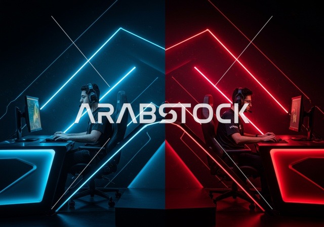 ألعاب التحدي والمنافسة، الاندماج والتفاعل مع اللعبة، شابان مراهقان عربيان خليجيان سعوديان يرتديان سماعة الرأس يقوم باللعب، منصة البث المباشر في عالم ألعاب الفيديو، غرفة بلايستيشين إحترافية، التقنية والتكنولوجيا المتطورة للأجهزة الالكترونية