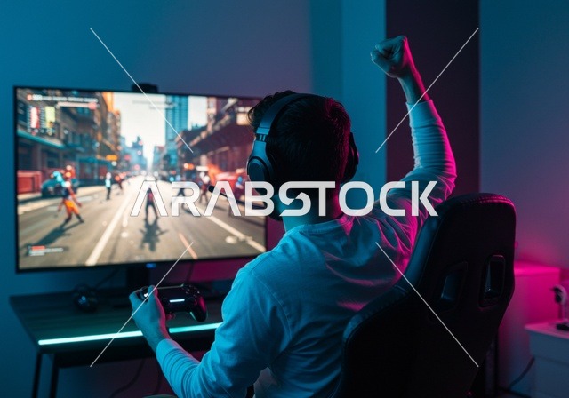 الاندماج والتفاعل مع اللعبة، تعابير السرور و السعادة ,الاستمتاع بالتقنيات والتكنولوجيا الحديثة, مفهوم المتعة والتسلية، شاب عربي خليجي سعودي يرتدي سماعة الرأس يرفع يديه عاليا بإيماءات الفوز و الكسب، منصة البث المباشر في عالم ألعاب الفيديو، غرفة بلايستيشين إحترافية