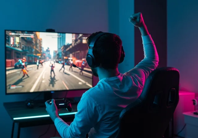 Immersion and interaction with the game, expressions of joy and happiness, enjoying modern technologies and techniques, the concept of fun and entertainment, a young Arab Gulf Saudi man wearing headphones raising his hands high in gestures of victory and gain, a live streaming platform in the world of video games, a professional PlayStation room.