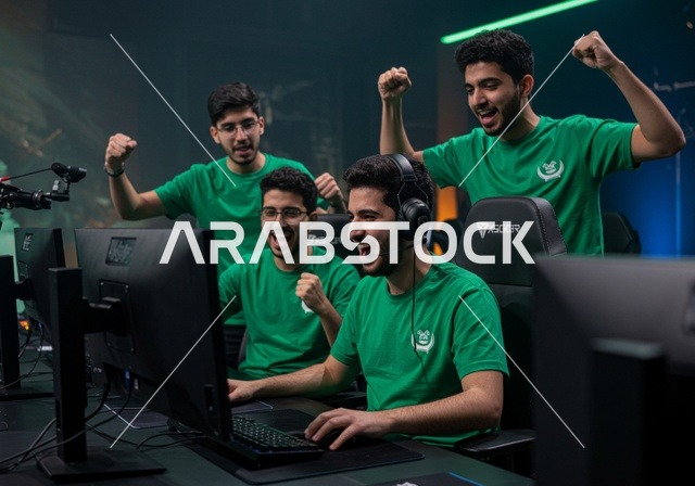 الاندماج والتفاعل مع اللعبة، منصة البث المباشر، غرفة بلايستيشين احترافية، الاستمتاع بالتقنيات والتكنولوجيا الحديثة، شباب عرب خليجيون سعوديون يرتدون سماعة الرأس و يلعبون بألعاب الفيديو، المتعة و التسلية باللعب الجماعي، برامج الكمبيوتر الترفيهية، تشجيع الفريق المفضل