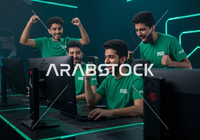 الاندماج والتفاعل مع اللعبة، منصة البث المباشر، غرفة بلايستيشين احترافية، الاستمتاع بالتقنيات والتكنولوجيا الحديثة، شباب عرب خليجيون سعوديون يرتدون سماعة الرأس و يلعبون بألعاب الفيديو، المتعة و التسلية باللعب الجماعي، برامج الكمبيوتر الترفيهية، تشجيع الفريق المفضل