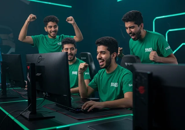 Integration and interaction with the game, live streaming platform, professional PlayStation room, enjoying modern technologies and techniques, young Arab Gulf Saudis wearing headsets and playing video games, fun and entertainment in multiplayer gaming, entertainment computer programs, supporting the favorite team.