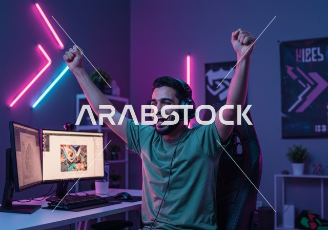 الاندماج والتفاعل مع اللعبة، تعابير السرور و السعادة ,الاستمتاع بالتقنيات والتكنولوجيا الحديثة, مفهوم المتعة والتسلية، شاب عربي خليجي سعودي يرتدي سماعة الرأس يرفع يديه عاليا بإيماءات الفوز و الكسب، منصة البث المباشر في عالم ألعاب الفيديو، غرفة بلايستيشين إحترافية