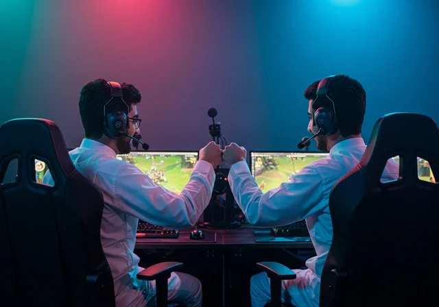 Challenge and competition games, immersion and interaction with the game, two Arab Gulf teenagers from Saudi Arabia wearing headsets playing, live streaming platform in the world of video games, professional PlayStation room, advanced technology and technology for electronic devices.