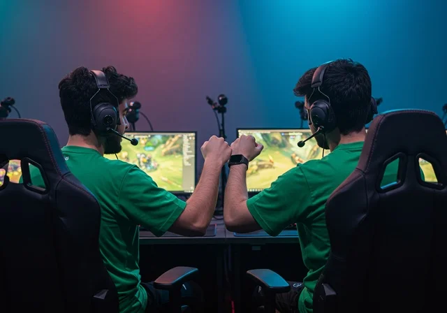 Challenge and competition games, immersion and interaction with the game, two Arab Gulf teenagers from Saudi Arabia wearing headsets playing, live streaming platform in the world of video games, professional PlayStation room, advanced technology and technology for electronic devices.