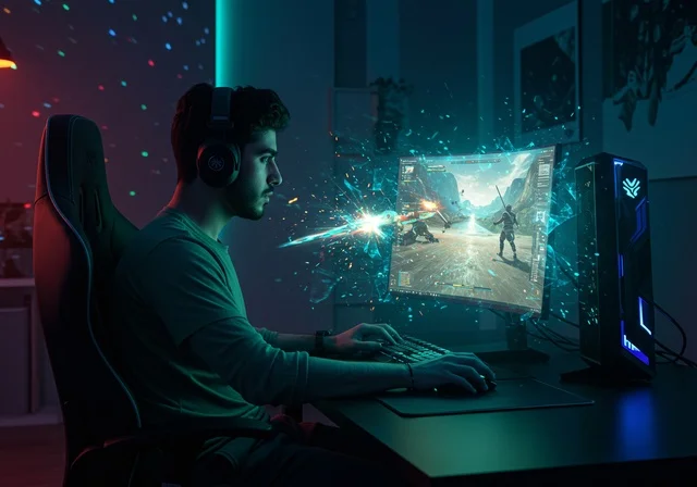 Immersion and interaction with the game, a young Arab Gulf Saudi teenager wearing headphones playing, a live streaming platform in the world of video games, a professional PlayStation room, advanced technology and technology for electronic devices.