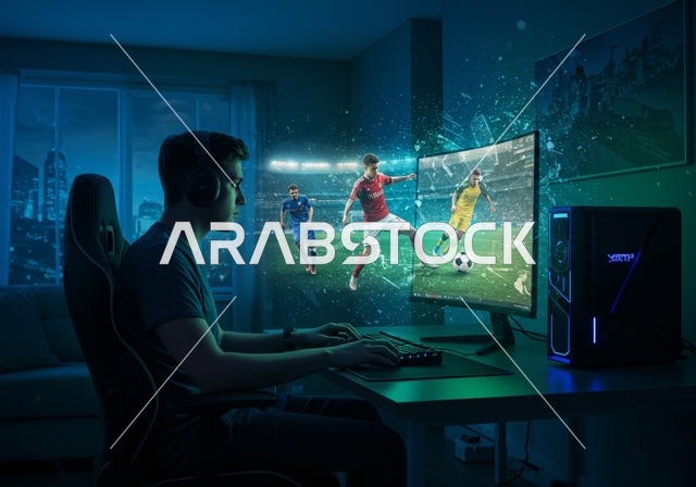 الاندماج والتفاعل مع اللعبة، شاب مراهق عربي خليجي سعودي يرتدي سماعة الرأس يقوم باللعب، منصة البث المباشر في عالم ألعاب الفيديو، غرفة بلايستيشين إحترافية، التقنية والتكنولوجيا المتطورة للأجهزة الالكترونية