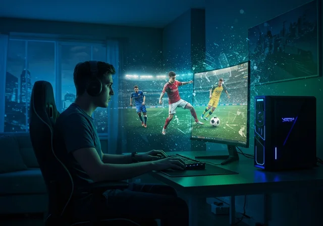 Immersion and interaction with the game, a young Arab Gulf Saudi teenager wearing headphones playing, a live streaming platform in the world of video games, a professional PlayStation room, advanced technology and technology for electronic devices.