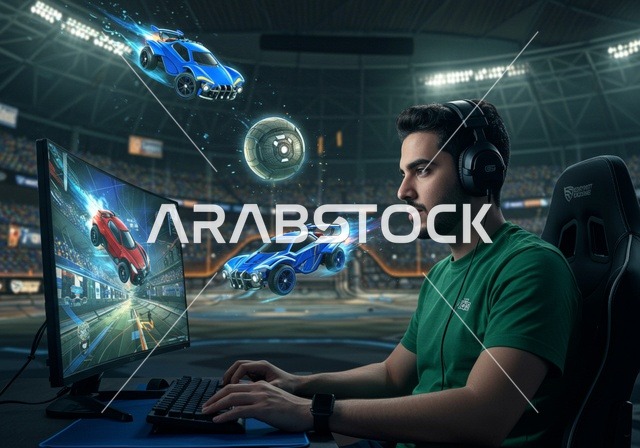 الاندماج والتفاعل مع اللعبة، شاب مراهق عربي خليجي سعودي يرتدي سماعة الرأس يقوم باللعب، منصة البث المباشر في عالم ألعاب الفيديو، غرفة بلايستيشين إحترافية، التقنية والتكنولوجيا المتطورة للأجهزة الالكترونية