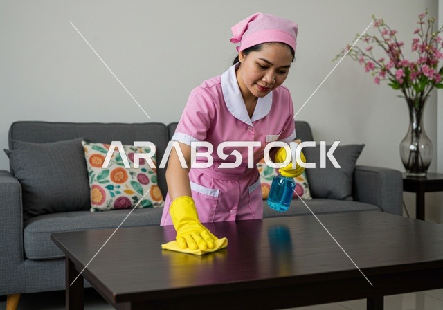 Cleaning surfaces from dust and dirt, providing home care, cleaning, and organizing services, quality of services in Saudi Arabia, a Filipino maid wearing a pink work uniform holding a cleaning cloth and spray, female professions and jobs, attracting trained foreign workers from abroad.
