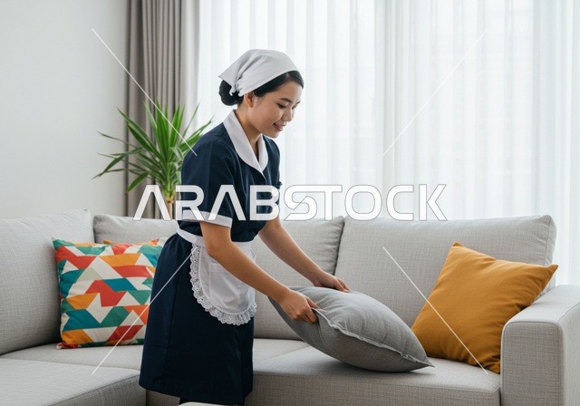 ترتيب وسائد الآريكة في غرفة المعيشة، توفير خدمات العناية بالمنزل والنظافة والترتيب، جودة الخدمات بالسعودية،  خادمة فلبينية ترتدي اليونيفورم الخاص بالعمل، مهن ووظائف نسائية، استقطاب العاملات الأجنبيات المدربة من الخارج