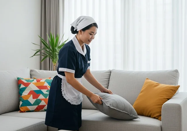 Arranging the sofa cushions in the living room, providing home care, cleaning, and organizing services, quality of services in Saudi Arabia, a Filipino maid wearing the work uniform, women's professions and jobs, attracting trained foreign workers from abroad.