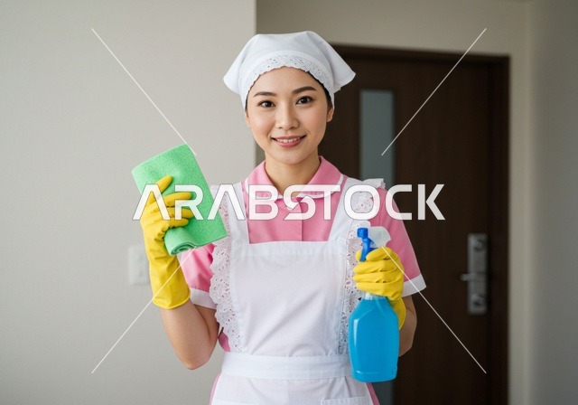 توفير خدمات العناية بالمنزل والنظافة والترتيب، النظر إلى الكاميرا بإيماءات السرور، جودة الخدمات بالسعودية،  خادمة فلبينية ترتدي اليونيفورم الخاص بالعمل باللون الوردي وتحمل بيدها فوطة مسح وبخاخ تنظيف، مهن ووظائف نسائية، استقطاب العاملات الأجنبيات المدربة من الخارج