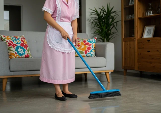 تنظيف البيت بالمكنسة اليدوية، جودة الخدمات بالسعودية، توفير خدمات العناية بالمنزل والنظافة والترتيب، خادمة فلبينية ترتدي اليونيفورم الخاص بالعمل باللون الوردي، مهن ووظائف نسائية، استقطاب العاملات الأجنبيات المؤهلة والمدربة من الخارج