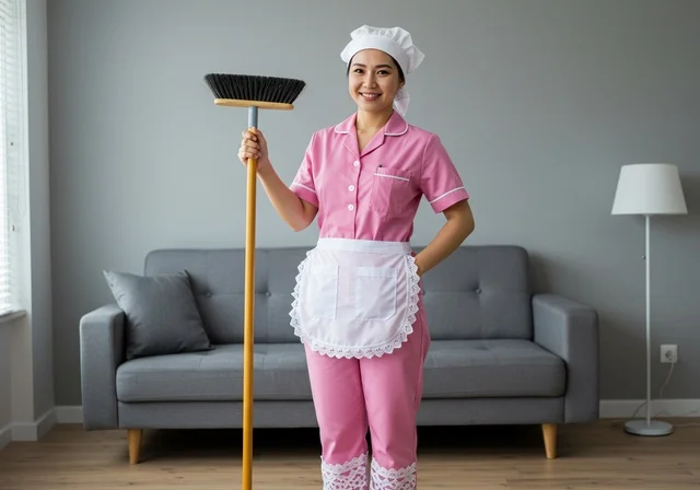 Looking at the camera with gestures of joy, the quality of services in Saudi Arabia, providing home care, cleaning, and organizing services, a Filipino maid wearing a pink work uniform and holding a handheld broom, women's professions and jobs, attracting trained foreign workers from abroad.