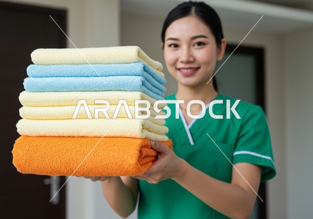 طريقة طي محترفة للمناشف والفوط الملونة، جودة الخدمات بالسعودية، التنظيف والاهتمام بالأعمال المنزلية الروتينية، خادمة فلبينية ترتدي اليونيفورم الخاص بالعمل، مهن ووظائف نسائية، استقطاب العاملات الأجنبيات المؤهلة والمدربة من الخارج