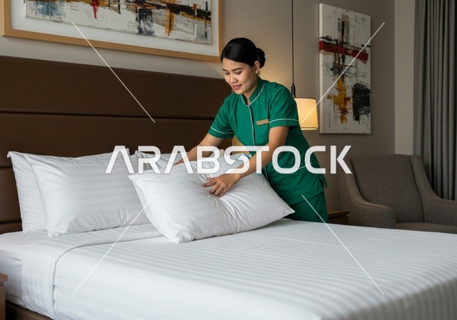 ترتيب الأسرة في غرف النوم، جودة الخدمات بالسعودية، التنظيف والاهتمام بالأعمال المنزلية الروتينية، خادمة فلبينية ترتدي اليونيفورم الخاص بالعمل، مهن ووظائف نسائية، استقطاب العاملات الأجنبيات المؤهلة والمدربة من الخارج