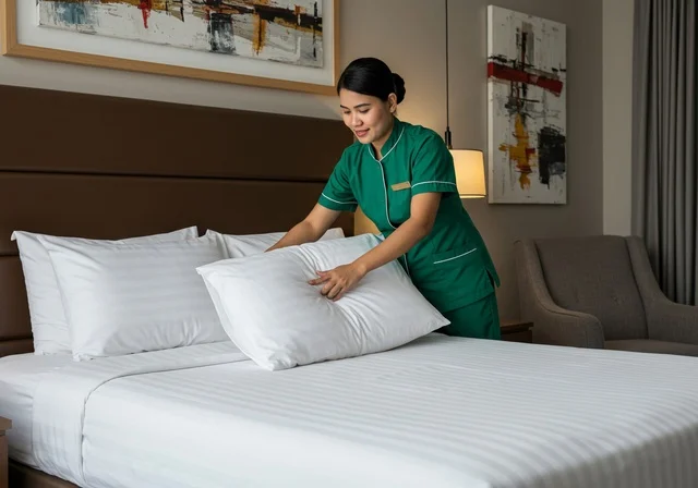 ترتيب الأسرة في غرف النوم، جودة الخدمات بالسعودية، التنظيف والاهتمام بالأعمال المنزلية الروتينية، خادمة فلبينية ترتدي اليونيفورم الخاص بالعمل، مهن ووظائف نسائية، استقطاب العاملات الأجنبيات المؤهلة والمدربة من الخارج