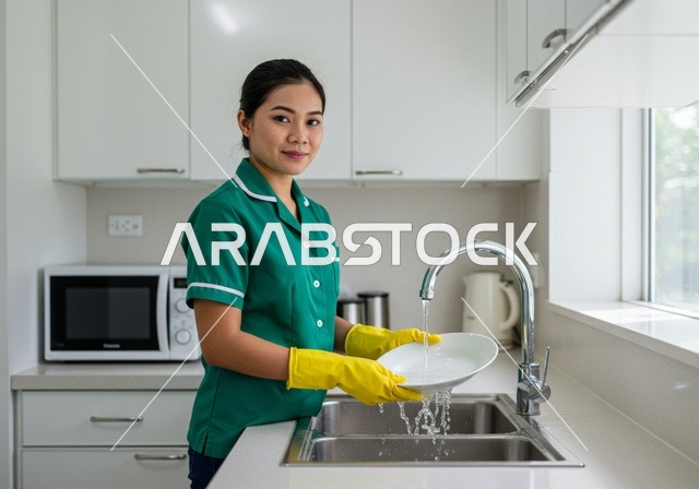 The quality of services in Saudi Arabia, cleaning and attention to routine household chores, a Filipino maid wearing a work uniform stands in the kitchen washing dishes, professions and jobs for women, attracting qualified and trained foreign workers from abroad.