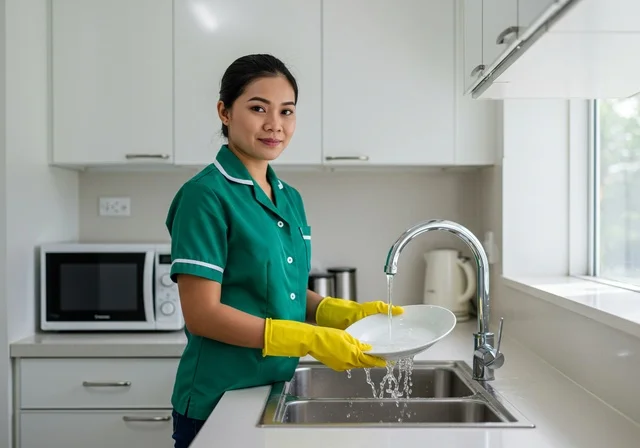 The quality of services in Saudi Arabia, cleaning and attention to routine household chores, a Filipino maid wearing a work uniform stands in the kitchen washing dishes, professions and jobs for women, attracting qualified and trained foreign workers from abroad.