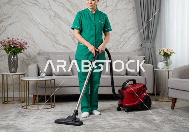 Vacuuming the floor, cleaning and taking care of routine household chores, a Filipino maid wearing a work uniform standing inside the living room, professions and jobs for women, attracting qualified and trained foreign workers from abroad.
