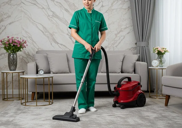 Vacuuming the floor, cleaning and taking care of routine household chores, a Filipino maid wearing a work uniform standing inside the living room, professions and jobs for women, attracting qualified and trained foreign workers from abroad.