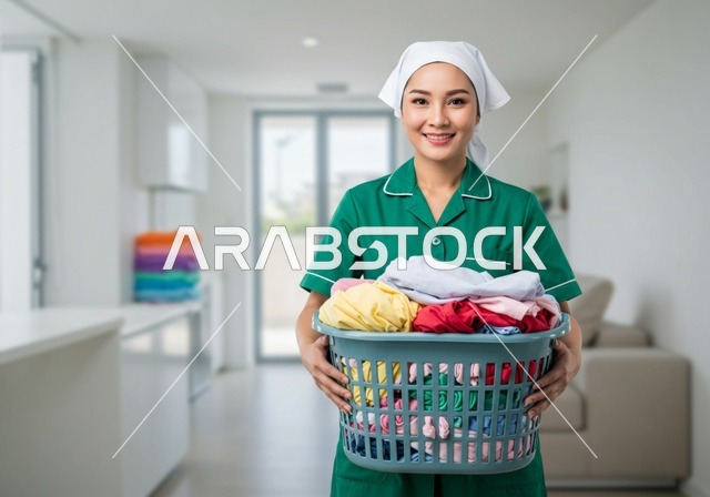 التنظيف والاهتمام بالأعمال المنزلية الروتينية، خادمة فلبينية ترتدي اليونيفورم الخاص بالعمل تنظر الى الكاميرا بإيماءات السرور وتحمل سلة ملابس، مهن ووظائف نسائية، استقطاب العاملات الأجنبيات المؤهلة والمدربة من الخارج