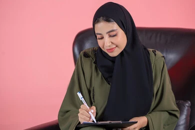 ايماءات الاندماج و التركيز، انجاز المهام وتحقيق الاهداف، كتابة التقارير والابحاث على الورق، بورتريه لامرأة عربية خليجيه اماراتية ترتدي العباءة و الحجاب تجلس على كرسي تحمل بيديها أوراق وملفات خاصة بالعمل، كتابة وتدوين الملاحظات الهامة، خلفية وردية