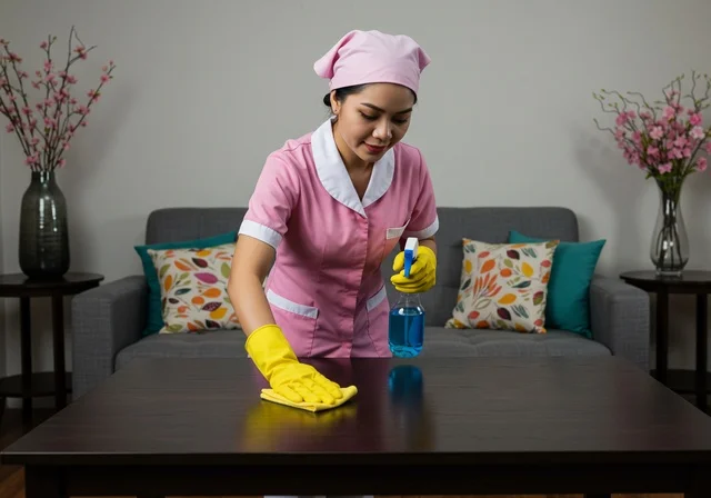 تنظيف الأسطح من الأتربة والغبار، توفير خدمات العناية بالمنزل والنظافة والترتيب، جودة الخدمات بالسعودية،  خادمة فلبينية ترتدي اليونيفورم الخاص بالعمل باللون الوردي وتحمل بيدها فوطة مسح وبخاخ تنظيف، مهن ووظائف نسائية، استقطاب العاملات الأجنبيات المدربة من الخارج