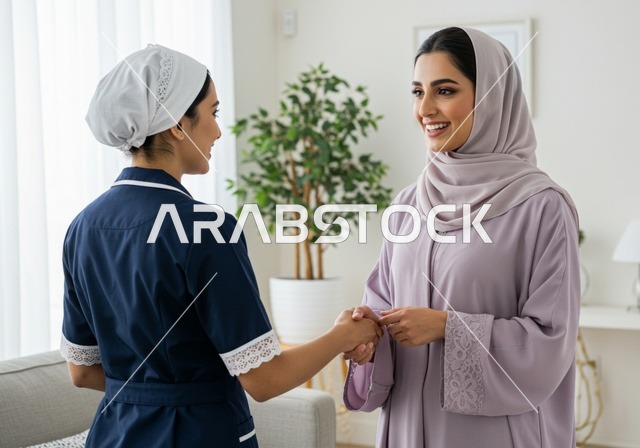 المعاملة الحسنة للخادمات، المهام والأعمال المنزلية الروتينية، عاملة نظافة ترتدي المئزر،رضا ربة المنزل عن اداء العاملة، الإهتمام بالأعمال المنزلية، مدبرة منزل، خادمة منزلية أجنبية، سيدة عربية خليجية سعودية عربية ترتدي الحجاب والعباءة في غرفة المعيشة