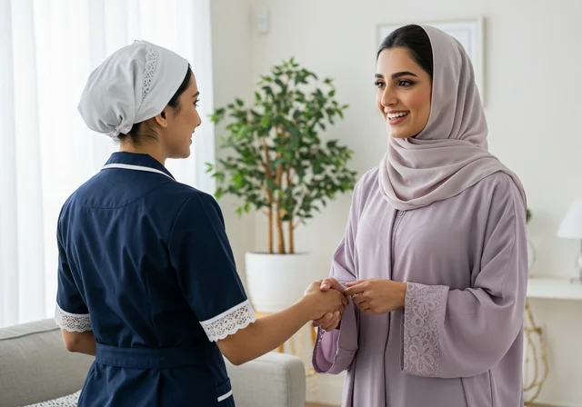 المعاملة الحسنة للخادمات، المهام والأعمال المنزلية الروتينية، عاملة نظافة ترتدي المئزر،رضا ربة المنزل عن اداء العاملة، الإهتمام بالأعمال المنزلية، مدبرة منزل، خادمة منزلية أجنبية، سيدة عربية خليجية سعودية عربية ترتدي الحجاب والعباءة في غرفة المعيشة