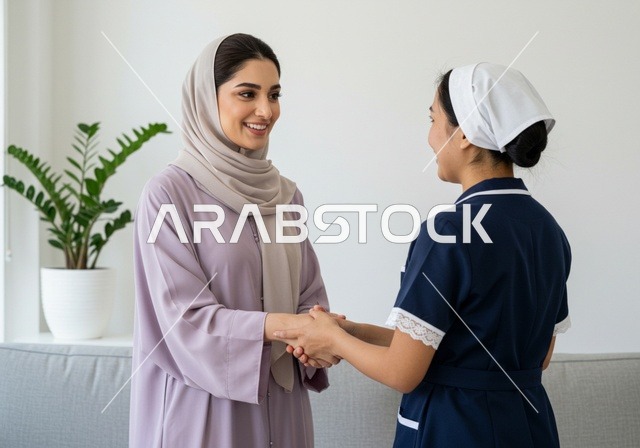 رضا ربة المنزل عن اداء العاملة، المعاملة الحسنة للخادمات، المهام والأعمال المنزلية الروتينية، عاملة نظافة ترتدي المئزر، الإهتمام بالأعمال المنزلية، مدبرة منزل، خادمة منزلية أجنبية، سيدة عربية خليجية سعودية عربية ترتدي الحجاب والعباءة في غرفة المعيشة