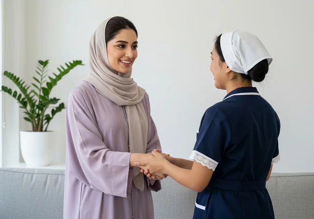 رضا ربة المنزل عن اداء العاملة، المعاملة الحسنة للخادمات، المهام والأعمال المنزلية الروتينية، عاملة نظافة ترتدي المئزر، الإهتمام بالأعمال المنزلية، مدبرة منزل، خادمة منزلية أجنبية، سيدة عربية خليجية سعودية عربية ترتدي الحجاب والعباءة في غرفة المعيشة