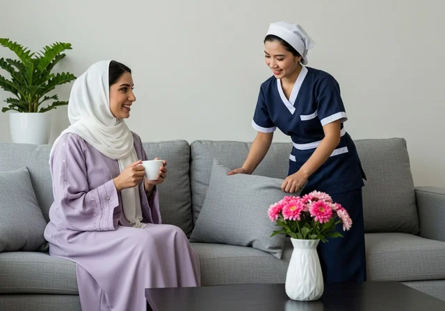 المهام والأعمال المنزلية الروتينية، عاملة نظافة ترتدي المئزر، تمسك بيدها وسائد الآريكة،  أدوات التنظيف المنزلية، الإهتمام بالأعمال المنزلية، مدبرة منزل، خادمة منزلية أجنبية، سيدة عربية خليجية سعودية عربيةترتدي الحجاب والعباءة تحمل كوب قهوة في غرفة المعيشة