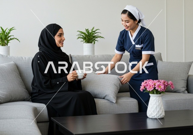 عاملة نظافة ترتدي المئزر، بيدها وسائد الآريكة، المهام والأعمال المنزلية الروتينية، أدوات التنظيف المنزلية، الإهتمام بالأعمال المنزلية، مدبرة منزل، خادمة منزلية أجنبية، سيدة عربية خليجية سعودية عربية تحمل كوب قهوة في غرفة المعيشة